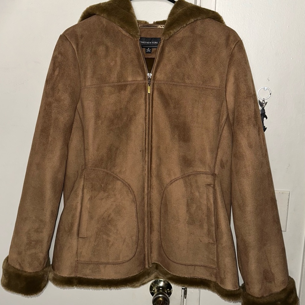 Jones New York Caramel Suede Hooded Jacket with Fur Trim